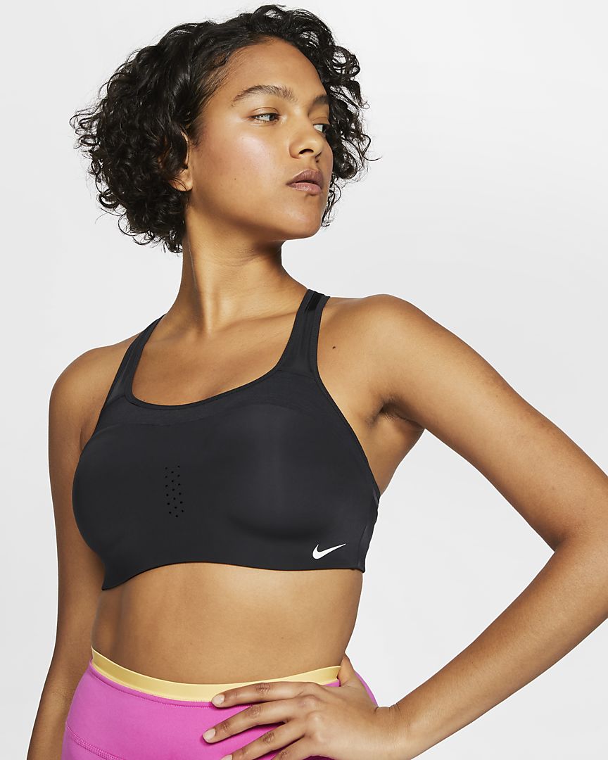 Nike Alpha women's high support sports bra in black, breathable fabric