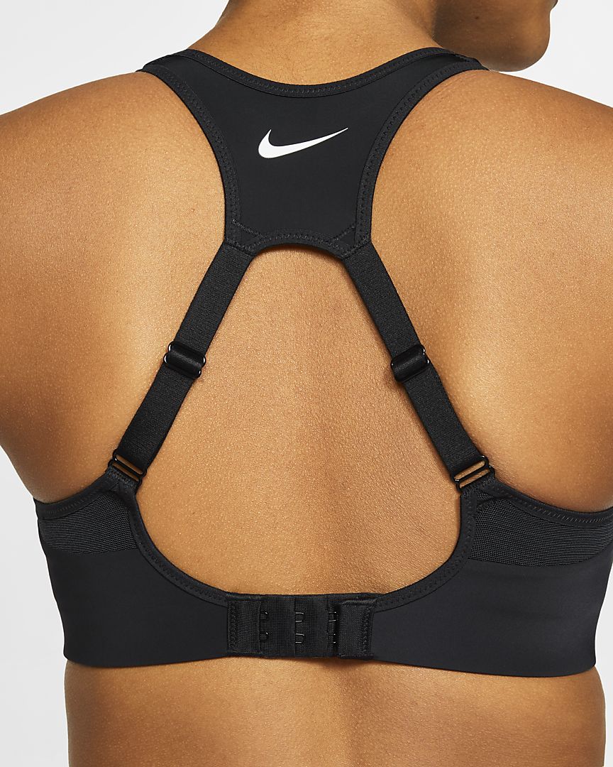 Nike Alpha women's high support sports bra in black, breathable fabric